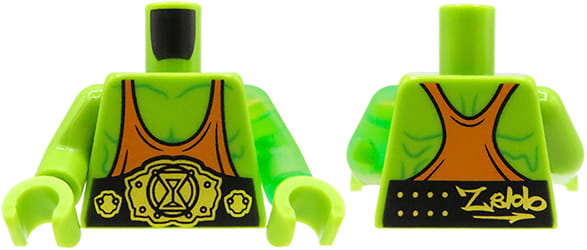 LEGO Minifiguren-Torso – oranges Trägershirt, schwarz-goldener Gürtel, „Z-Blob“-Aufdruck auf dem Rücken. Limettengrüner Körper mit transparentem hellgrünem linken Arm