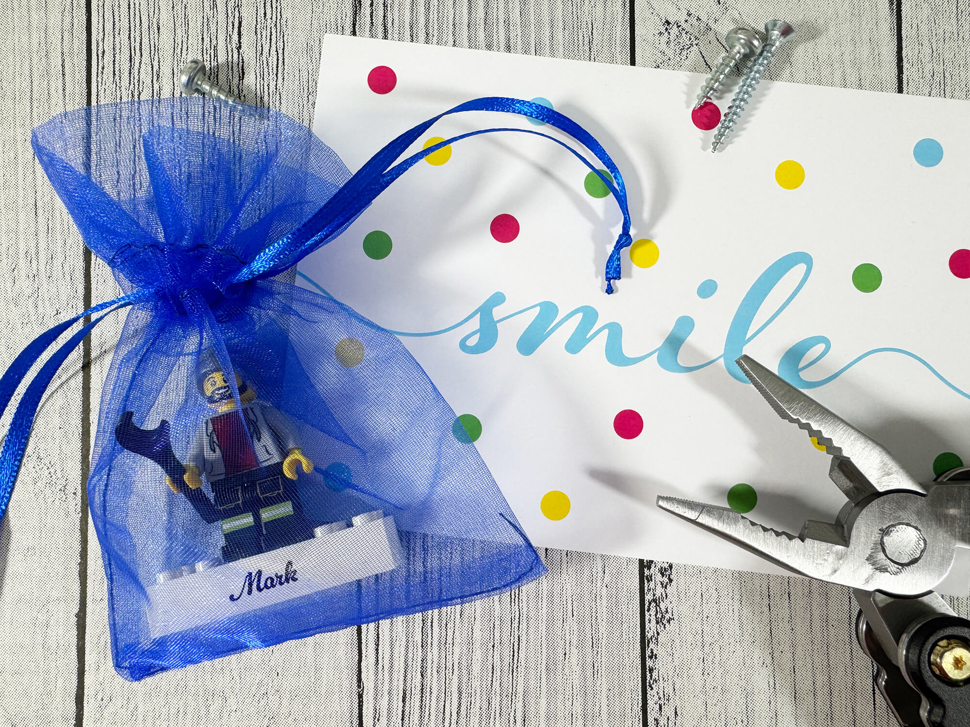 Figurine LEGO® personnalisée mécanicien / bricoleur - emballage cadeau