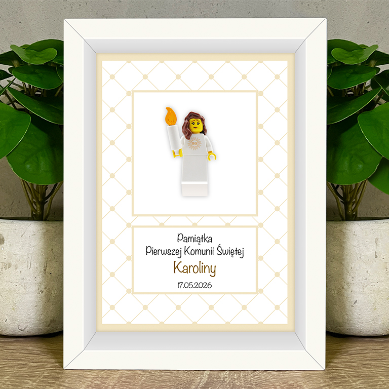 Personalizowana figurka LEGO® w ramce komunijnej - pamiątka na komunię świętą dla dziewczynki