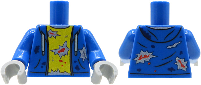Tors LEGO custom - Zombie - niebieska bluza i źółta koszulka z rozdarciami plamami krwi, szare dłonie - przód i tył