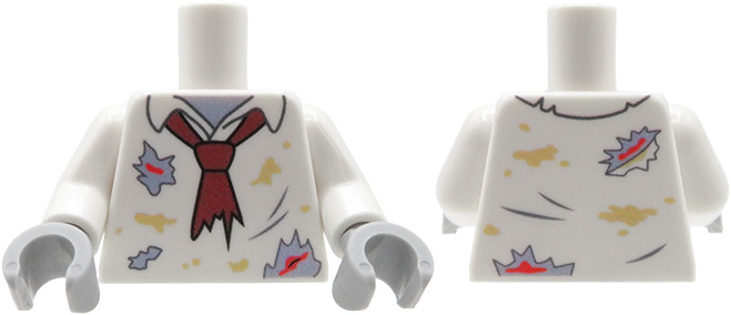 Tors LEGO custom - Zombie - biała koszula z krawatem, podarta, plamy brudu i krwi, szare dłonie - przód i tył