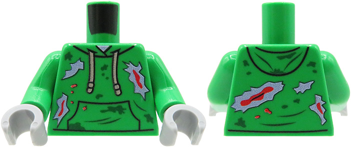 973eeb002Tors LEGO custom - Zombie - zielona bluza z kapturem z rozdarciami i plamami krwi, szare dłonie - przód i tył