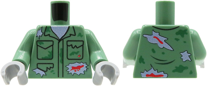 Tors LEGO custom - Zombie - kurtka / kombinezon, piaskowo-zielony, rozdarcia, plamy krwi i brudu, szare dłonie - przód i tył
