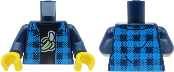 Tors figurki LEGO niebieska rozpięta koszula w kratę, granatowa koszulka z nadrukiem banana